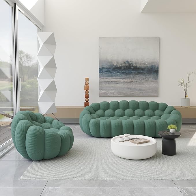 JACH 3 Seater Bubble Sofa and Single Seat Curved Couch, Comfy Upholstered Sofa, Mesh Fabric 3D Honeycomb Shape Modern Couch for Living Room, Office, Apartment, Small Space (Green)