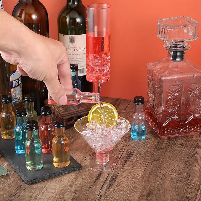 100 Pcs Mini Liquor Bottles Plastic Mini Salad Dressing Bottle Christmas Small Shooter Alcohol Holders with Cap Wine Hot Sauce(0.8 Oz,Black)