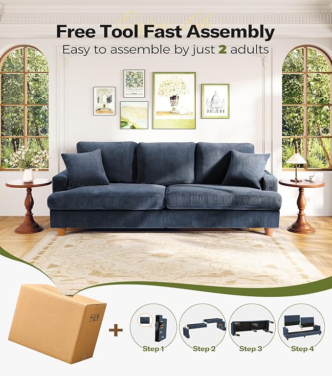 Kidirect 87in Corduroy Couch, Sofa No Tool Assembly, Comfy Couches for Living Room 21in Deeper Seats, Corduroy Sofas for Living Room with 2 Pillows, Oversized Loveseat Sofa, Boho Love Seat Blue Couch