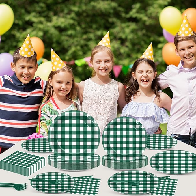 96Pcs Green Gingham Party Decorations Green and White Checkered Birthday Themed Tableware Gingham Plaid Plates Napkins Forks Picnic BBQ Dinnerware Supplies for Baby Shower Birthday Serves 24 Guests