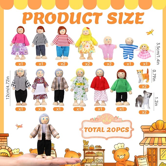 Skylety 20 Pcs Wooden Dollhouse Family Set of 16 Mini People Figures and 4 Pets, Wooden Dollhouse Dolls Cosplay Family Figures Accessories for Pretend Toy(Traditional Style)