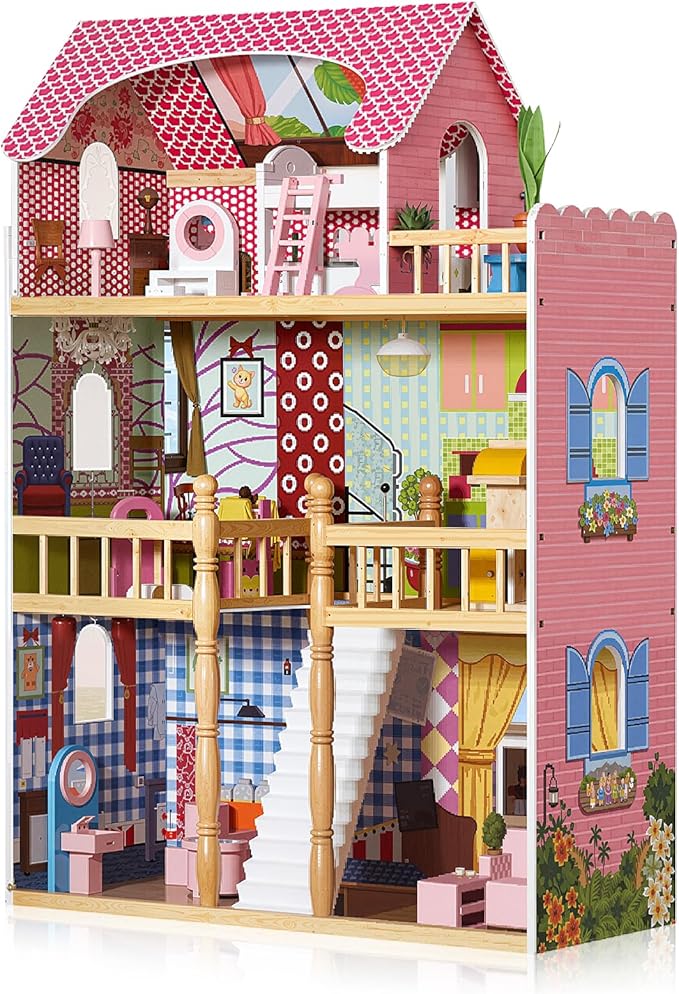 3 Story Wooden Doll Cottage with Balcony, Stairs & 14 Furniture Accessories | Large Multi-Level Dollhouse Playhouse for 5 Inch Dolls | Creative Educational Toy for Boys & Girls Ages 3+