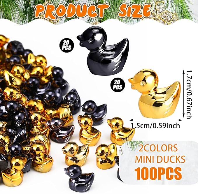 100 Pcs Shiny Mini Duck Figures Colorful Tiny Duck Decor Micro Landscape Aquarium Garden Hide and Seek Decoration Charm for Party Gift(Gold and Black)