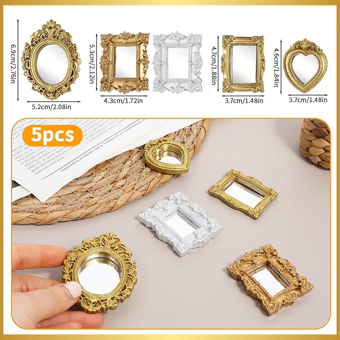 5Pcs Miniature Dollhouse Mirror 1/12 Scale Doll House Accessories Mini Dollhouses Decor Frame for 1/12 Dollhouse Decor(Gold, Silver)