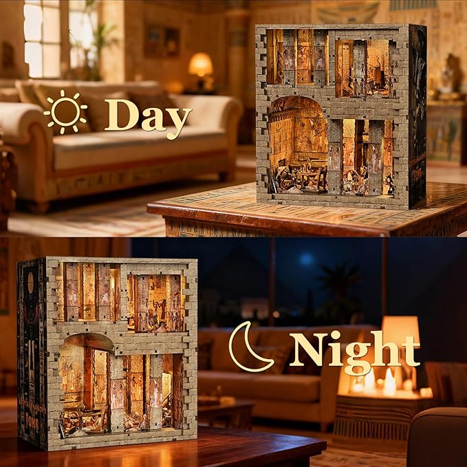 Book Nook Kit - DIY Miniature House Dollhouse Kit for Adults and Teens, 3D Wooden Puzzle Booknook Build Bookshelf Decor with LED Light, Gifts for Family and Friends (Egyptian Pharaoh's Tomb)