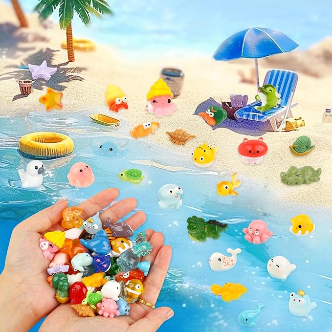 50 PCS Mini Sea Animals Figurines Tiny Resin Ocean Animal Mini Plastic Ocean Animals for DIY Miniature Scenes Dollhouse Birthday Party Decoration, Fish Tank Aquarium