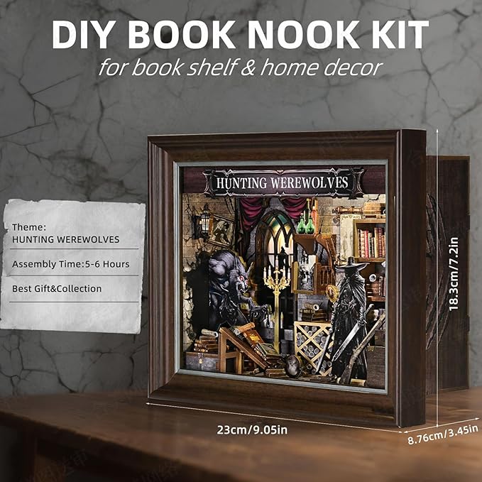 Book Nook Kit-3D Wooden Puzzle with LED Switch Control & Wall-Mountable Frame,DIY Miniature House for Beginners,Bookshelf/Tabletop/Wall Decor for Craft Lovers,Dollhouse Gift,Hunting Werewolves
