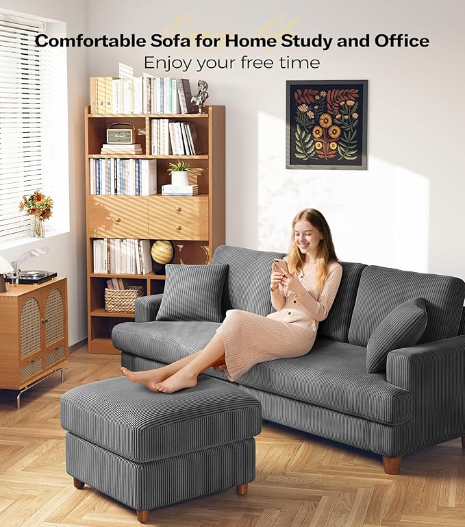 Kidirect 87in Corduroy Couch, Sofa No Tool Assembly, Comfy Couches for Living Room 21in Deeper Seats, Corduroy Sofas for Living Room with 2 Pillows, Oversized Loveseat Sofa, Boho Love Seat Grey Couch