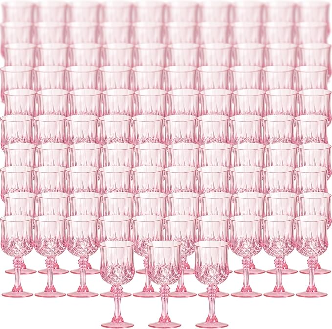 XKXKKE 100 Pcs Pink Plastic Wine Glasses, Plastic Water Goblets for Parties, Stemmed Drinking Glasses for Wedding Reception, Grand Event Party Bar Supplies Reusable Drinking Cups