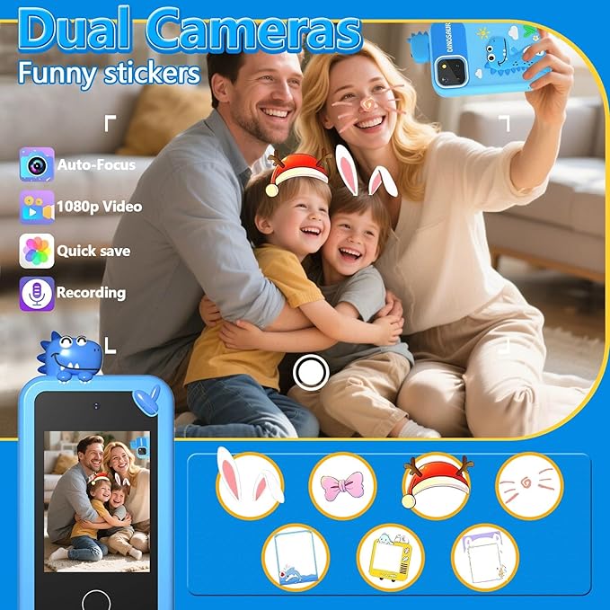 BEBESIRI Kids Camera Mini Smartphone Toy for Girls, 2.8" Touch Screen, 22 Learning Games, Dual Camera, Music Player, 32GB Card, Christmas Birthday Gift, (Blue Dinosaur)