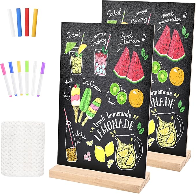 2 Pack 8.1x12 in Chalkboard Signs with Stand for Tables Small Chalk Board Signs Tabletop Message Board Sign with Wood Base for Home Decorations Coffee Shop Restaurant Kitchen Wedding Party
