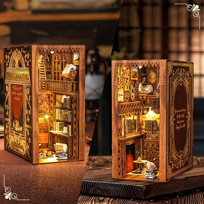 Cutefun Book Nook Library Kit, DIY Miniature Dollhouse Booknook Kits for Adults Teens, 3D Wooden Puzzle Bookend Bookshelf with LED Light & Dust Cover (Eternal Bookstore)