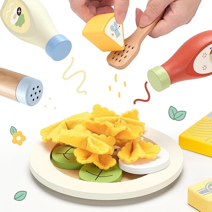Pillowhale Pasta Food Toys, Wooden Play Kitchen Food , Play Food with Pots and Pans Playset, Kids Pretend Play Kitchen Accessories Toys Set for Girls Boys 3+Years Old