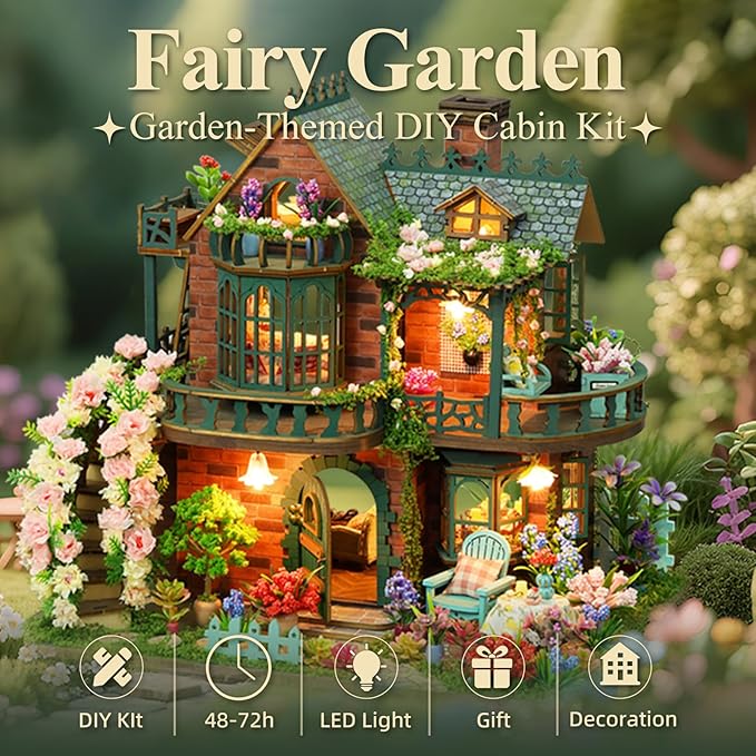 LogicTwist DIY Miniature House Kit with LED Lights, Fairy Garden Wooden Mini House Building Kit for Adults & Teens, Creative Crafts for Women, Friends & Hobbyists
