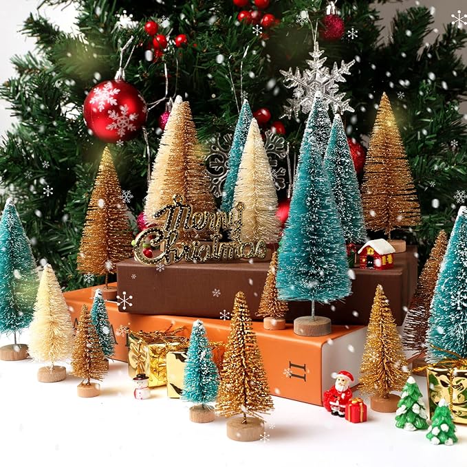 30Pcs Mini Christmas Trees, Artificial Christmas Tree Bottle Brush Trees Christmas with 5 Sizes, Sisal Snow Trees with Wooden Base for Christmas Decor Christmas Party Home Table Craft