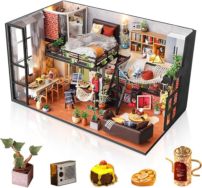 DIY Miniature House Kit, Dollhouse Kit with Dust Cover, Mini House Building Kits for for Adult to Building, Christmas Home Decorations Gifts for Family and Friends, Loft