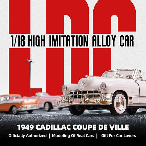 1949 Cadillac Elvis 1/18 Scale Die-Cast Metal Model Car with Opening Doors & Display Case - Premium Classic Vintage Collectible Car for Kids Men and Teens (White)