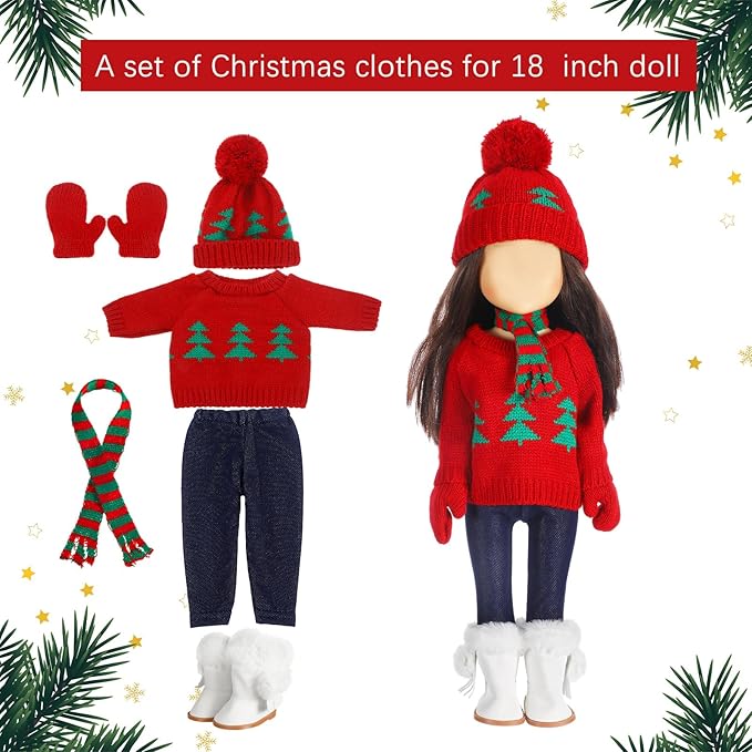 Bencailor 6 Pcs Winter 18 Inch Doll Clothes and Accessories Winter Outfits Set Sweaters Trousers Hats Shoes for 18 Inch Doll Gifts(Tree Red White Green,Classic)