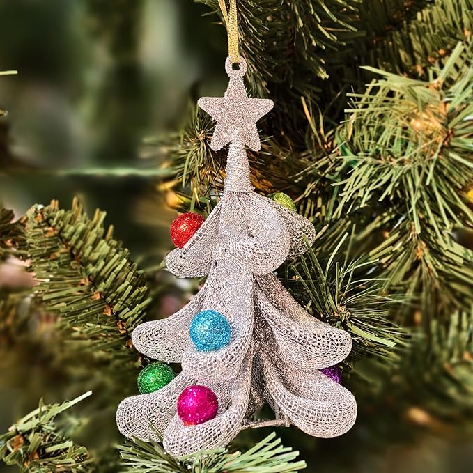 XMIAOX Mini Metal Christmas Tree, 5.9" Handcrafted Wire Mesh Tree Tabletop Hanging Ornament with Star Tree Topper & Colorful Glitter Balls, Sparkling Holiday Decoration for Desk, Shelf & Home Décor
