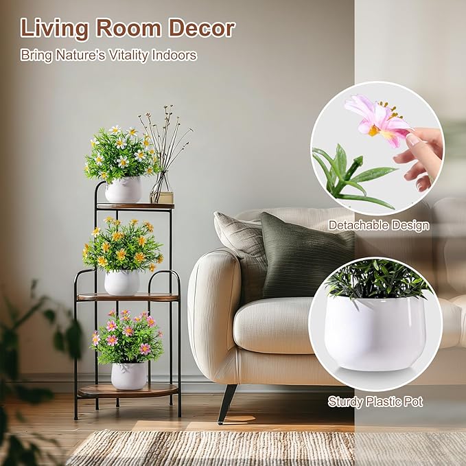 Yarmare 3 Pack Small Fake Plants Artificial Potted Flowers for Indoor Mini Faux Plants with Flowers Greenery for Home Decor Living Room Bathroom Bedroom Office Table Shelf (White+Pink+Yellow)