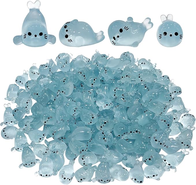 100Pcs Glow in The Dark Mini Seal Figurines Cute Luminous Resin Sea Animals 4 Styles Seal Pup DIY Tiny Ocean Creatures for Fairy Garden Aquarium Decor