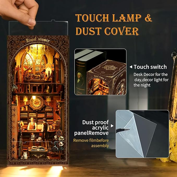 Book Nook Kit for Adults with Dust Cover & LED Light, DIY Miniature House Kit 3D Printed Booknook Wooden Puzzle Dollhouse Bookshelf Insert DIY Craft Model Build Gift for Birthdays, Royal Seamer
