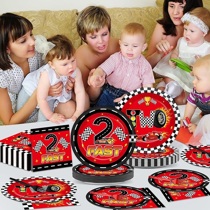 96 Pcs Race Car 2nd Birthday Party Supplies Hot Car Checkered Tableware Set Two Fast Table Decoration Racing Themed Plates Napkins and Forks for 2nd Boys Kids Birthday Baby Shower Serve 24