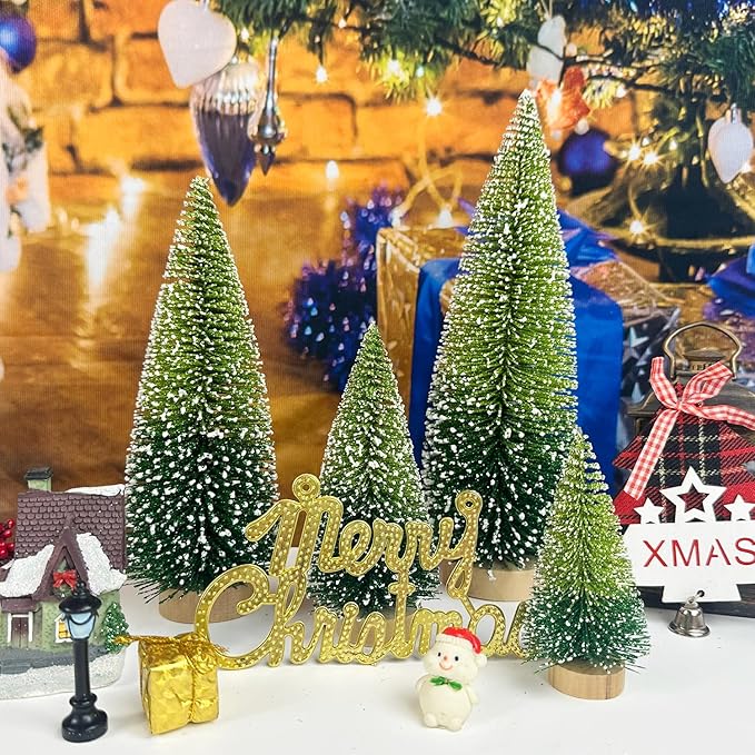 Mini Christmas Tree Bottle Brush Christmas Trees Decor for Christmas Decorations Wooden Bases (Double Green)