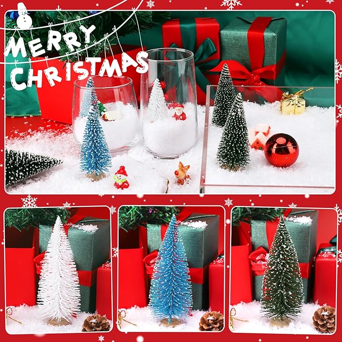 30Pcs Mini Christmas Tree Decor, Artificial Christmas Tree 5 Sizes,Mini Sisal Snow Frost Trees with Wooden Base for Christmas Decor Christmas Party Home Table Craft Decorations (Green/Blue)