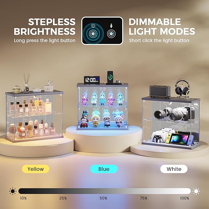 2pcs LED Clear Glass Display Case - for Figures & Collectibles, Small 2-Tier Display Cabinet with Charging Station, Display Box with Lights & Human Sensor, for Model Car, Perfume, Grey