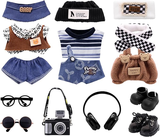 Clothes for Labubu, 9-Piece Clothes and Accessories Set Designed for Labubu Doll Clothes, Includes Glasses, Goggles, Boots, Leather Shoes, Headphones, Camera, and Accessories for Labubu - Style E