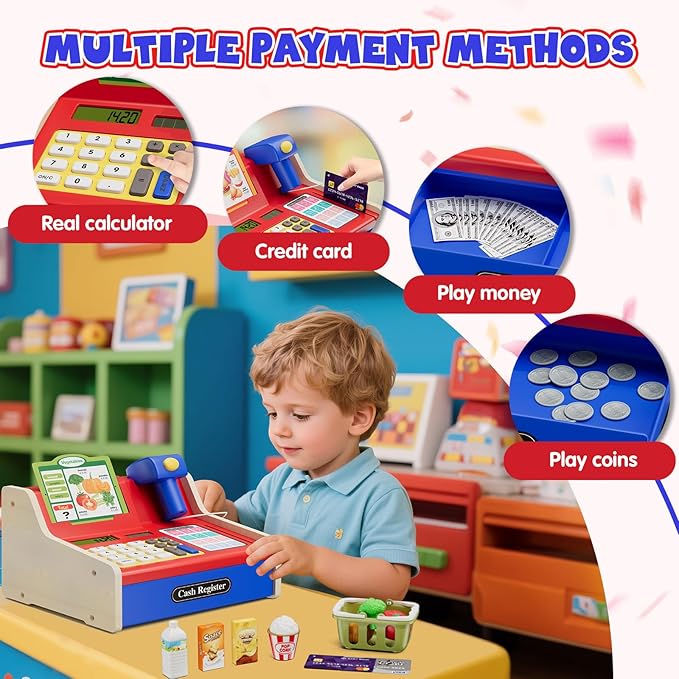 Wee Wonders Wooden Cash Register for Kids with Real Calculator, Rechargeable Cash Register Toy with Scanner/Play Money/Food/Credit Card/Menu, Pretend Play Toys Gifts for Boys Girls Ages 3-8, Blue