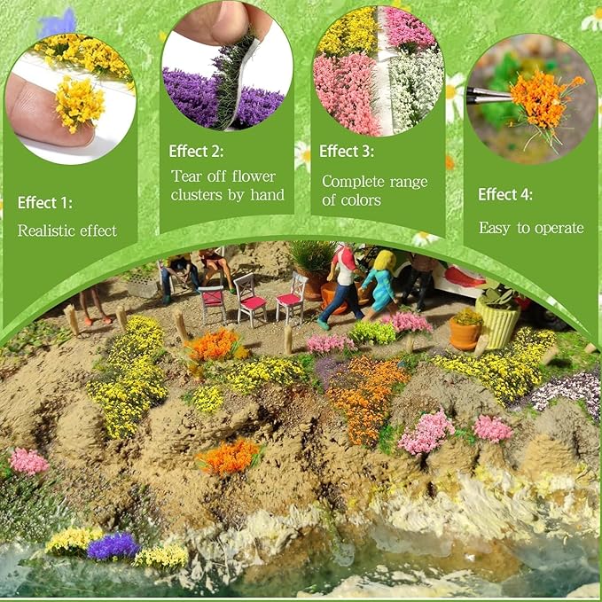 Warmtree 10 Colors, 40 Pcs Miniature Colorful Flower Cluster Self Adhesive Flower Static Grass Tufts for Train Landscape Railroad Scenery Sand Military Layout Model Miniature Bases Diorama Supplies