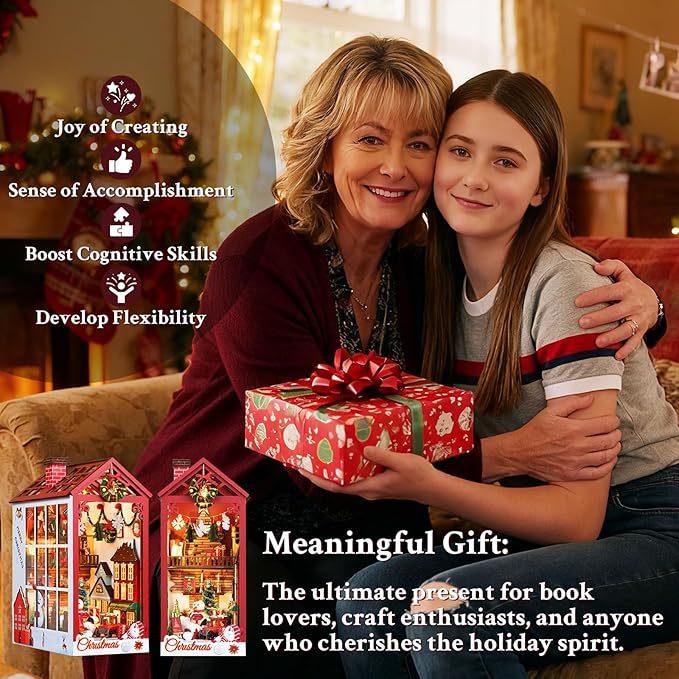 Christmas Book Nook Kit, DIY Dollhouse with Sensor Led Light, Wooden Puzzles, Exclusive, for 14+ Teens and Adults Building