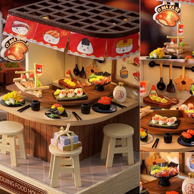 TuKIIE DIY Miniature Dollhouse Kit with Furniture, 1:24 Scale Creative Room Mini Wooden Christmas Doll House Plus Dust Proof for Kids Teens Adults(Revolving Food House)