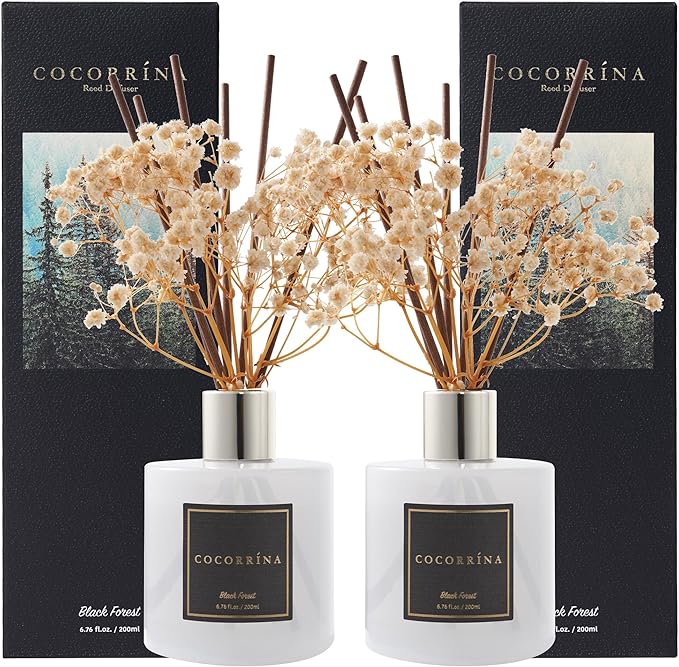 Cocorrína Premium Reed Diffuser Set with Preserved Baby's Breath & Cotton Stick Black Forest 2 Packs, 6.7oz Scent Fragrance Oil Diffuser for Bedroom Bathroom Home Décor