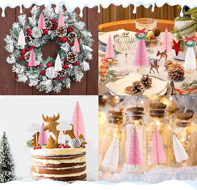 Waipfaru 21 Pcs Bottle Brush Christmas Trees, Mini Christmas Table Decor, Miniature Pine Trees for Xmas Tabletop Crafts Indoor Decor (Pink & White)
