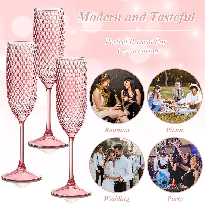 Plastic Champagne Flutes Champagne Glasses Unbreakable Wedding Toasting Glasses Reusable Diamond Wine Glasses Crystal Clear Party Wine Cups Vintage Drinking Glasses 5.5 OZ for Wedding (12, Pink)