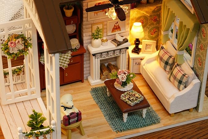 DIY Miniature Dollhouse Kits - Wooden Mini Model House with LED Lights, Tiny Furniture & Accessories – Craft Building Kits for Adults – Birthday Christmas Valentine's Gift- Happy Time