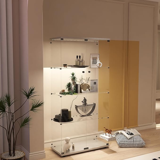 Display Cabinet with Glass Doors, 4-Tier Curio Cabinet with LED Lights for Collectibles (2700K-6000K), Glass Display Case with Remote Control