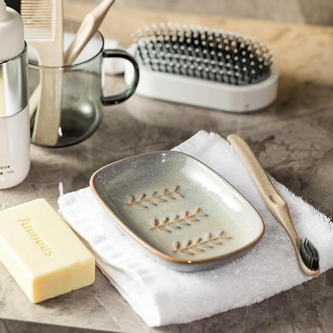 Miamolo Ceramic Soap Dish Soap Holder, Soap Lift for Bar Soap Sponge, Shower Soap Dishes for Bathroom Kitchen Counter Soap Saver Tray Keep Dry, Dishwasher Safe