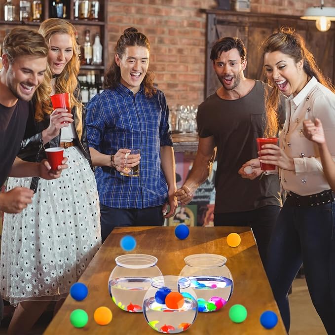 Jingmore 12 Set 30 oz Table Tennis Fish Bowl Carnival Game Favors with Bounce Round Bowls Multicolor Balls Gold Plastic Fish for Adults Carnival Game Party Activity Prizes