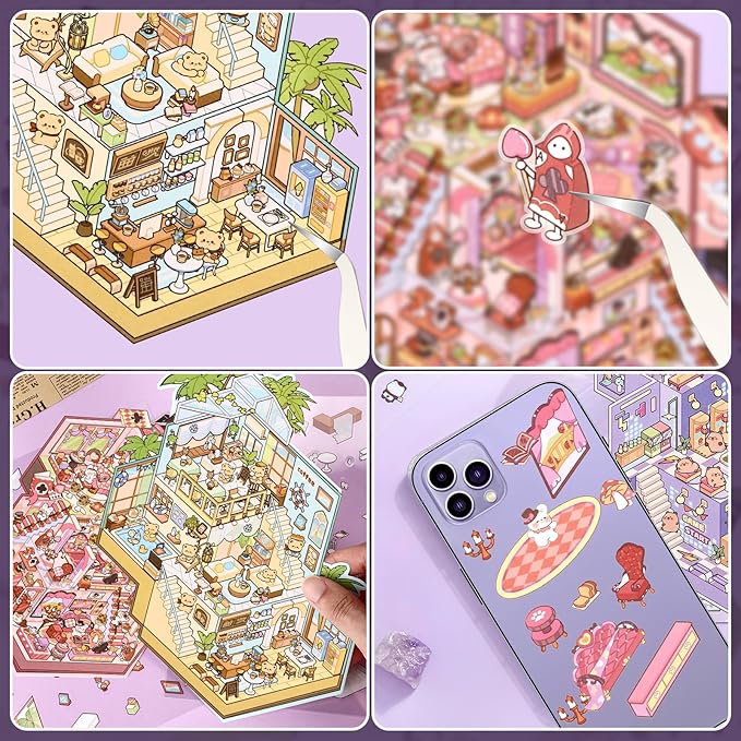 DIY 3D House Stickers, 4 Set Fun DIY Stickers Scene Make Your Own Warm Home, Supermarket, Coffee Shop, Music Bar, Cute 3D Cartoon Scene Sticker for Adult Kids Relief Stress Pass The Time(XMPLUS3.0)