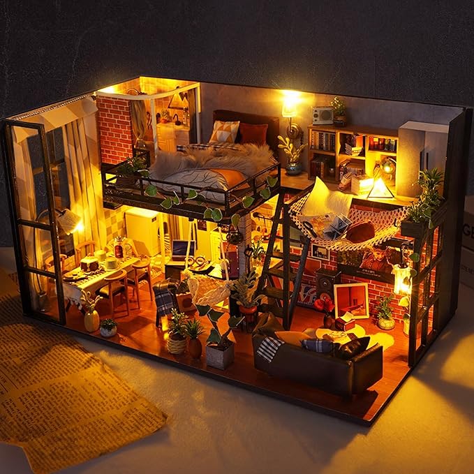 DIY Miniature House Kit, Dollhouse Kit with Dust Cover, Mini House Building Kits for for Adult to Building, Christmas Home Decorations Gifts for Family and Friends, Loft
