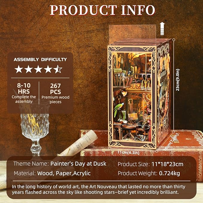 Book Nook Kit, DIY Miniature Dollhouse Booknook Kit, 3D Wooden Puzzle Bookend Bookshelf Insert Decor with LED Light for Teens and Adults, Painter's Day at Dusk
