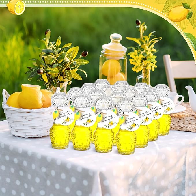 Chuangdi 16 Sets Mini Limoncello Glass Bottles Limoncello Bottles with Labels 1.7 oz Lemon Pendants Lemon Party Favors for Homemade Brewing Wedding Baby Shower Gifts(Fresh)