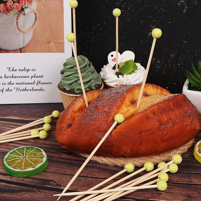 100 pieces bamboo cocktail picks 4.7 inch fruit toothpicks sports ball end cocktail skewers wooden decorative cocktail picks for appertizes, fruit, food, sport party favors (Tennis)