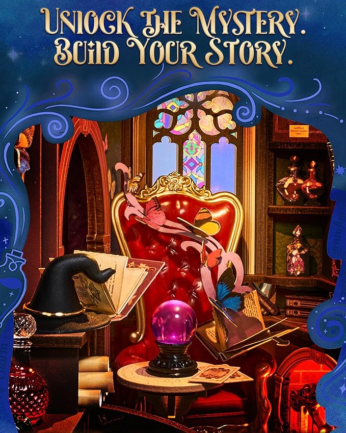 Rolife Book Nook Kit Magic Fantasy Corner DIY Miniature House Kit, 10" Wizard Witch Room Booknook Bookshelf Insert Decor 3D Wooden Puzzles for Adults Halloween Chiristmas Gift