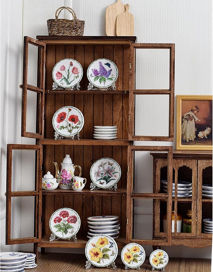 6PCS Handcrafted Miniature Ceramic Plates in 1:12 or 1:6 Scale, Vintage Porcelain Playhouse Dishes (Garden-A, 2.3CM)