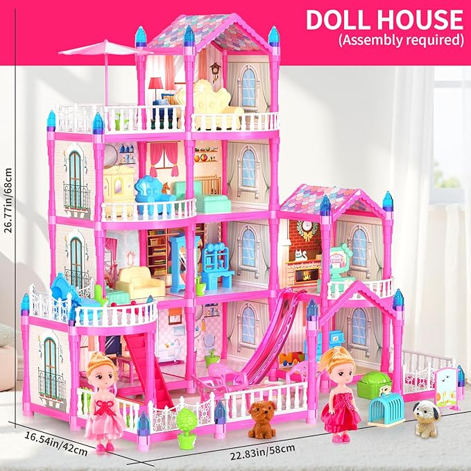 Pupu Pig Doll House Toys for Girls, Dollhouse with Glow in The Dark, Kids Doll House Playset with 4-Story 14 Play Areas, 2 Dolls, Toy Dogs, Dollhouse Accessories and Furniture, Princess Toy Gifts